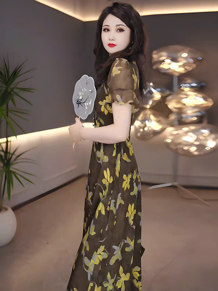 16992- Đầm voan xòe họa tiết hoa xanh vàng (voan + lót) 16992_thumbnail_6