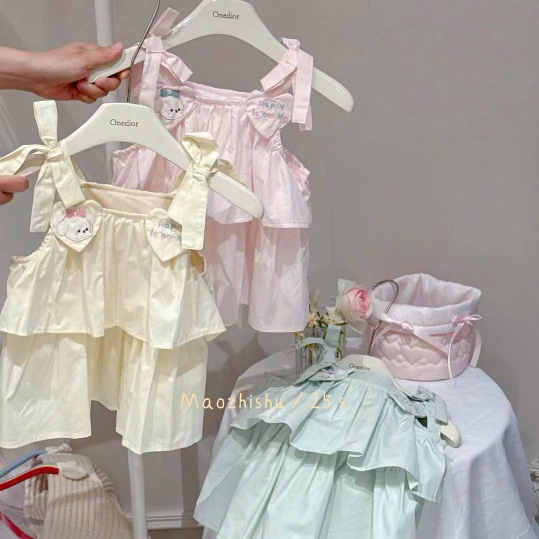 (A103) Áo thô 2 dây đính nơ hoạ tiết trái tim 2 màu vàng/ hồng