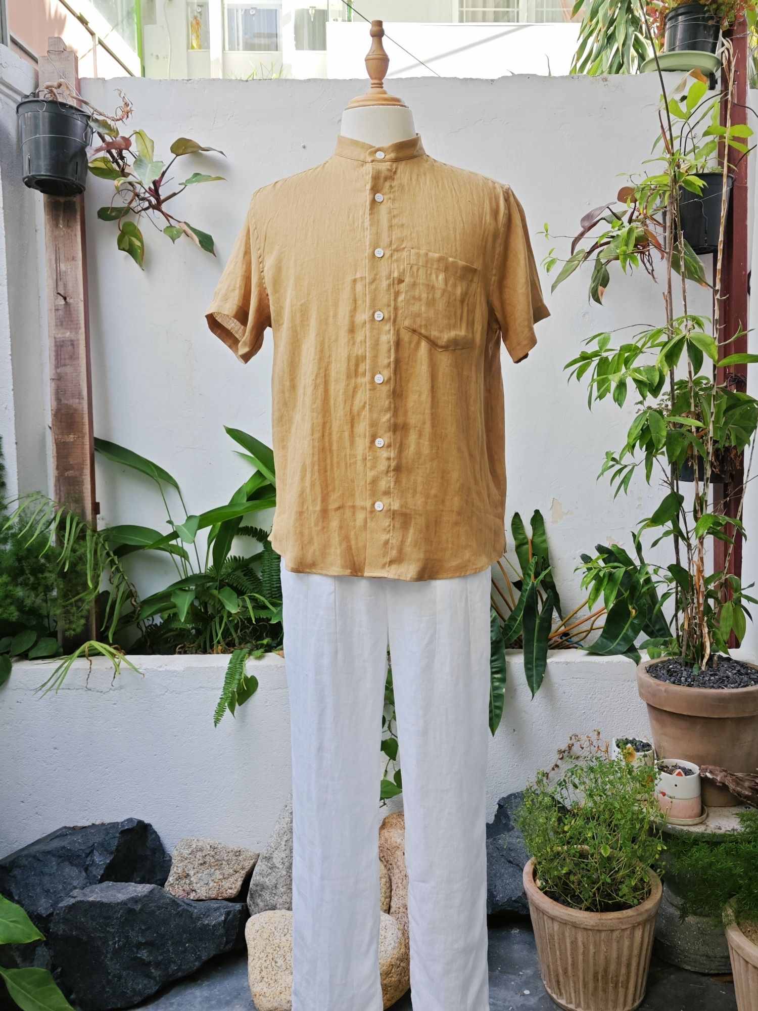Sơ mi 100% linen tay ngắn cổ Trụ - cổ Tàu