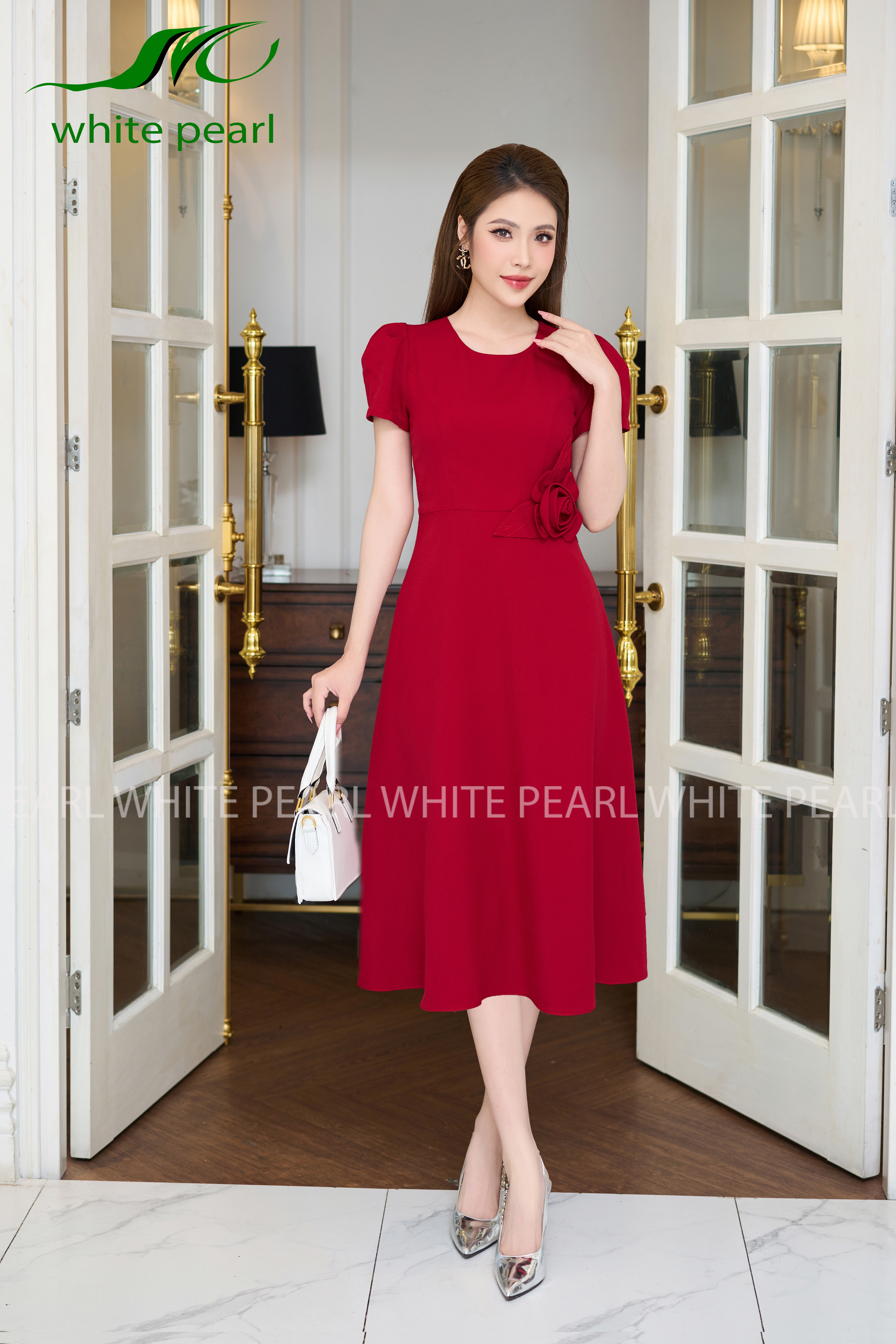 Đầm eo đính hoa D2408 Màu Đỏ thời trang công sở cao cấp White Pearl