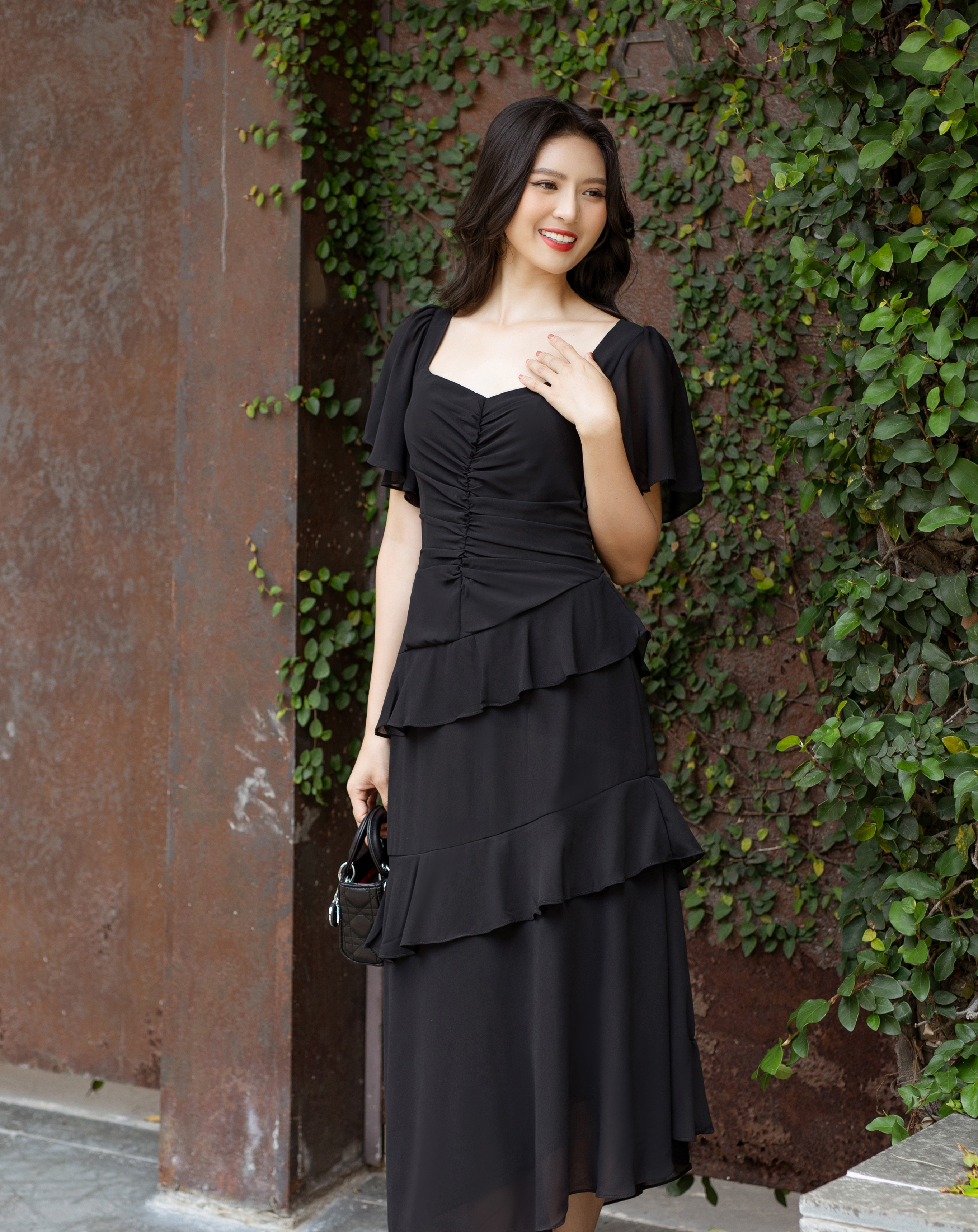 Đầm midi tay cánh tiên cổ u phối bèo xinh xắn_thumbnail_3