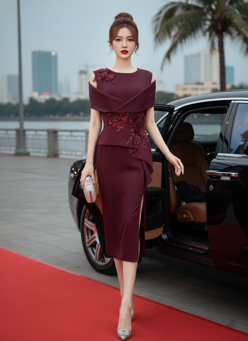 Đầm dự tiệc phối bèo ngực đính hoa 3D xẻ tà