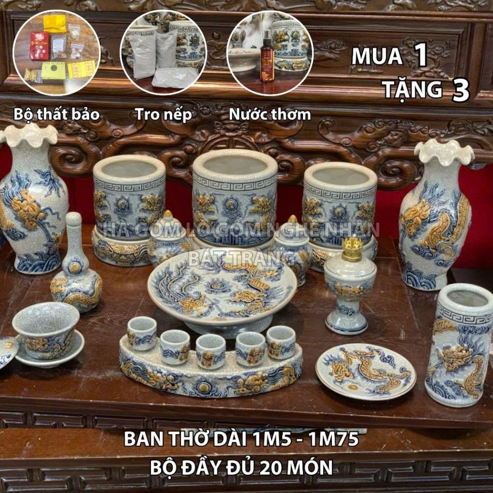 HG037 Đồ Thờ Cúng Bộ 20 món ban thờ 1M5 - 1M75 men rạn nổi nghệ nhân Bát Tràng chế tác TẶNG Thất Bảo, Tro Nếp