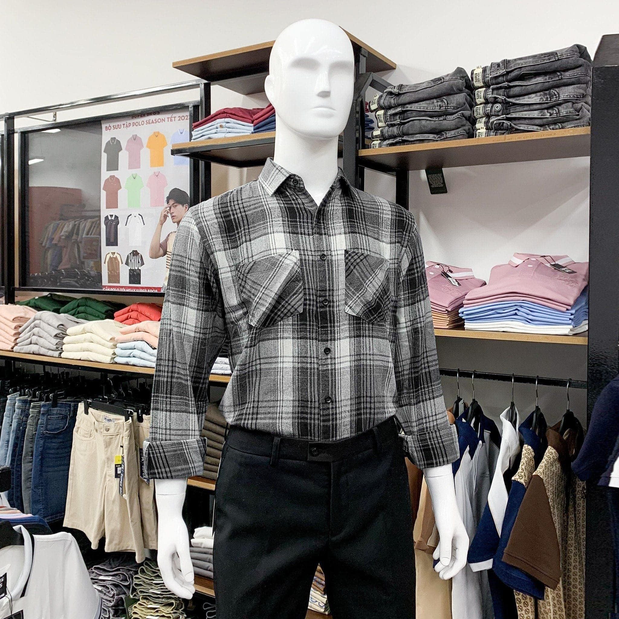 Áo Sơ Mi Super Brother FLANNEL Cotton Cá Sấu Logo Thêu Màu Xám_thumbnail_2