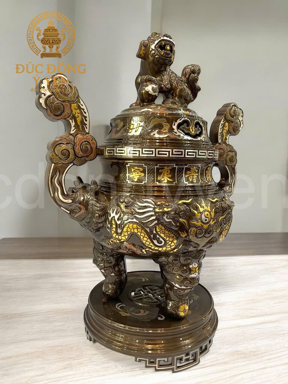 Bộ đỉnh thờ khảm ngũ sắc rồng nổi đúc đồng đỏ _thumbnail_1