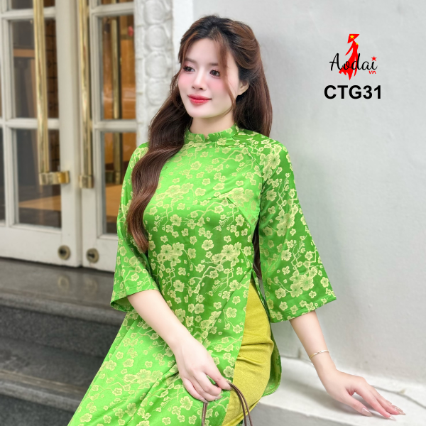 CT31 Áo Dài Cách Tân Gấm Dáng Suông Hoa Anh Đào màu Xanh Cốm Cổ Cao 2cm Tay Lỡ_thumbnail_3