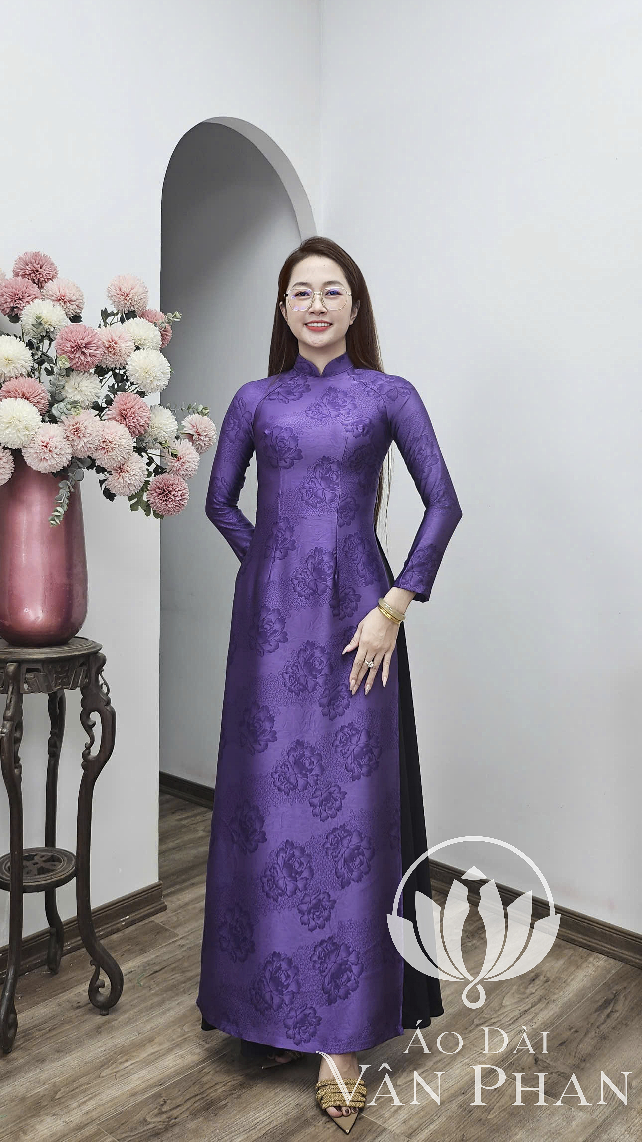 A3108 áo dài cổ 3p tay dài lụa dubai thiên sứ màu tím