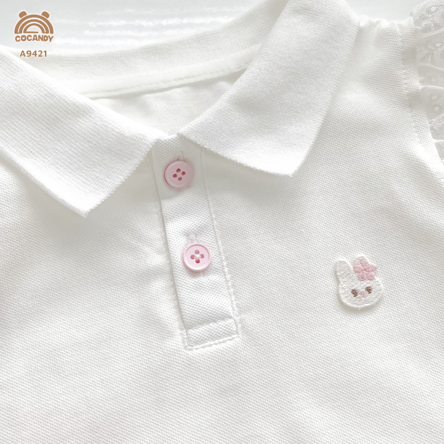 Áo cộc polo TRẮNG tay cánh tiên ren thêu thỏ_thumbnail_2