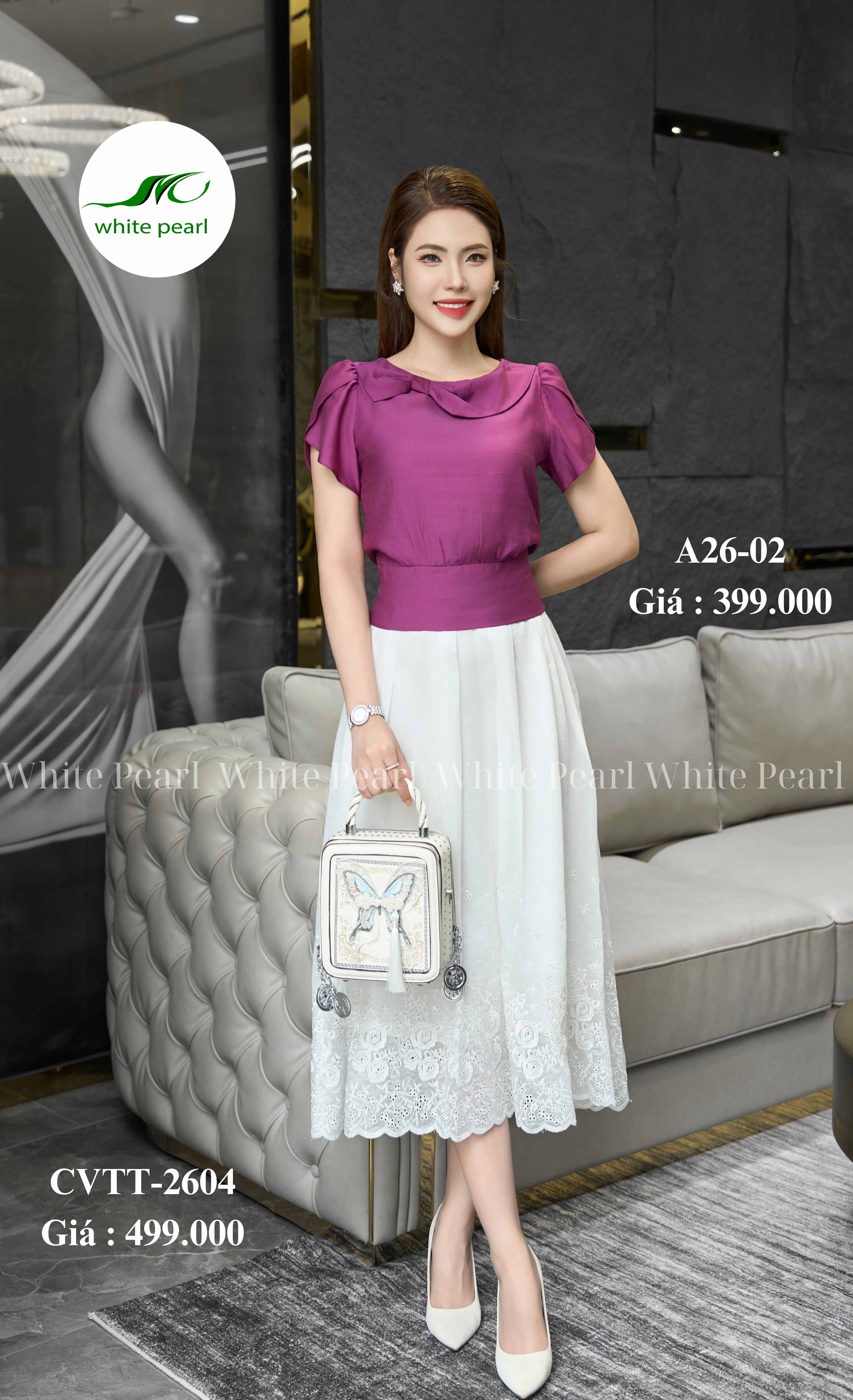 Áo sơ mi bo chun thắt nơ thời trang công sở cao cấp White Pearl