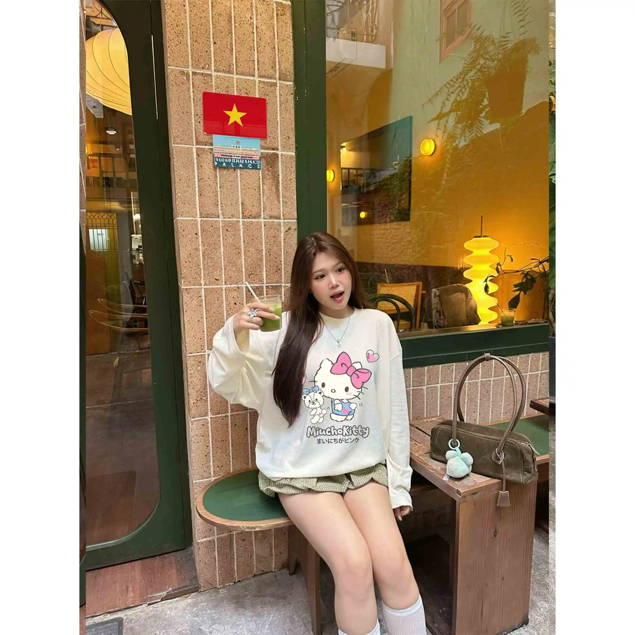Áo thun nữ form boxy Miucho vải cotton thoáng mát thấm hút tốt tay dài cổ tròn Kitty dễ thương 2802_thumbnail_2