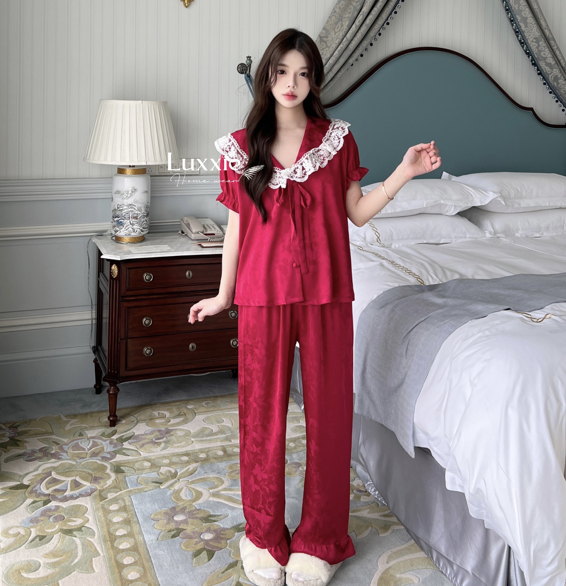 N108B Pijama lụa gấm hoa cổ ren trắng buộc nơ cộc tay_thumbnail_14