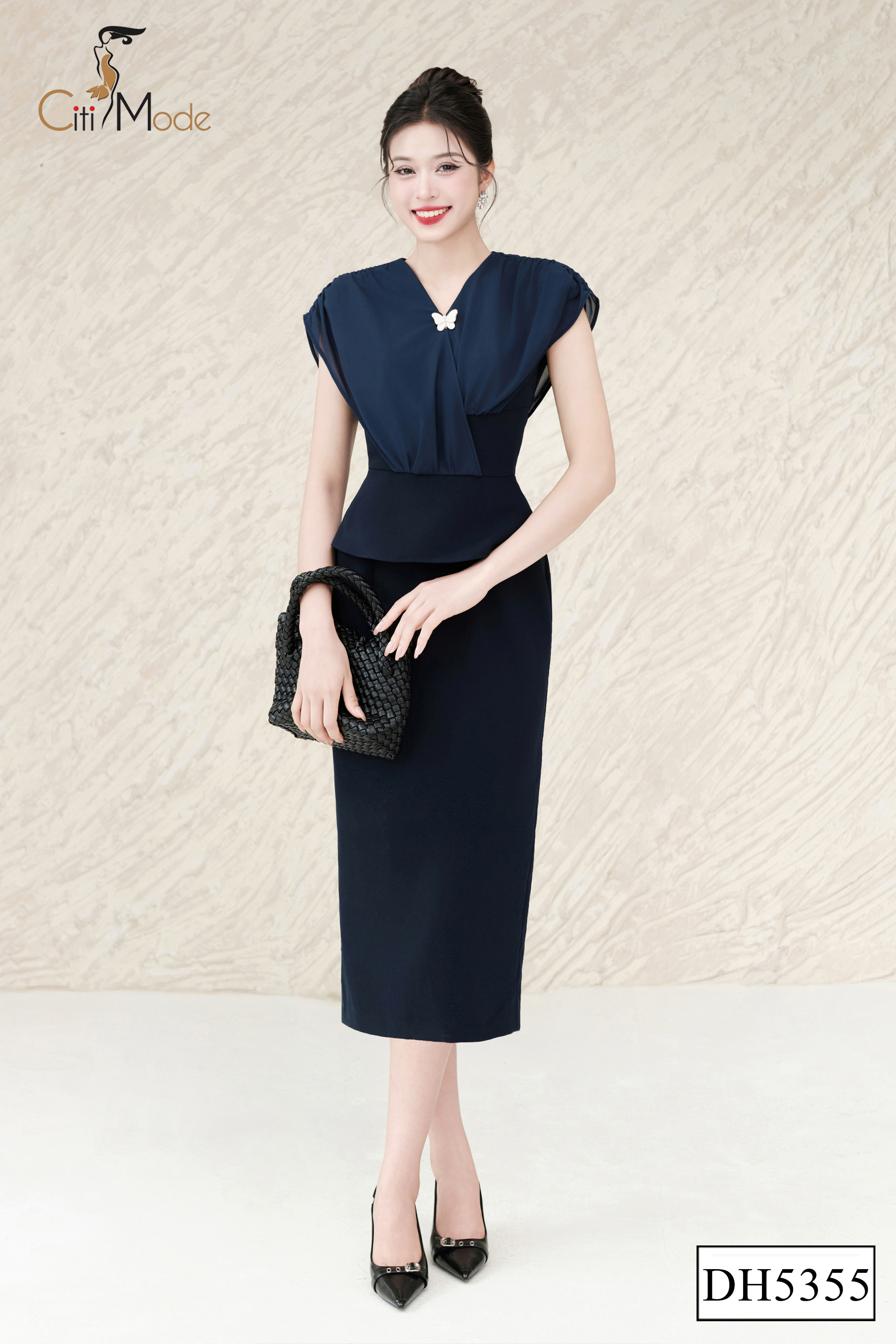 Đầm ôm peplum xanh than cổ V_thumbnail_3