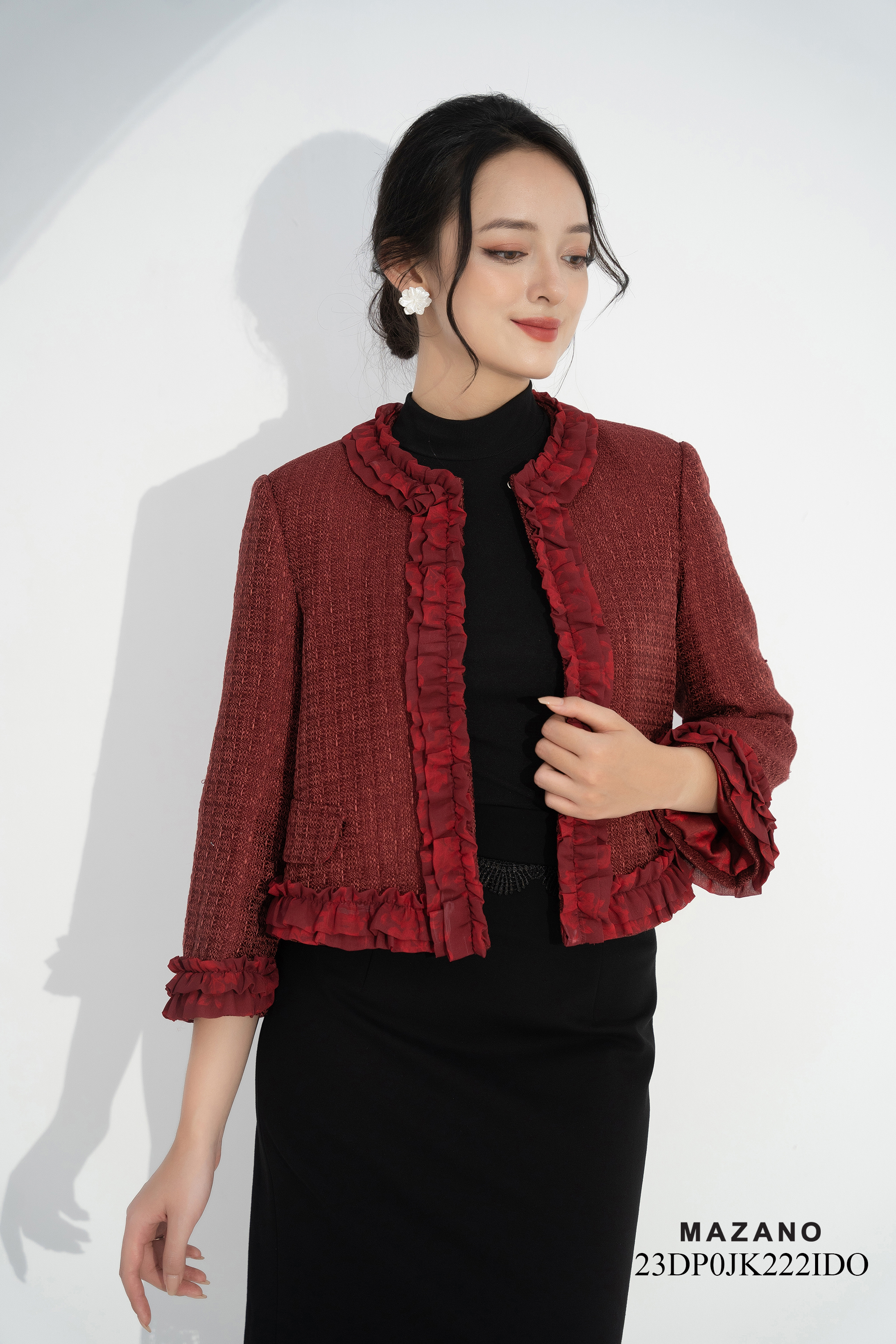 Áo khoác ngắn Suông Vải dạ tweed Trang trí bèo in họa tiết Cổ tròn Dài dưới eo