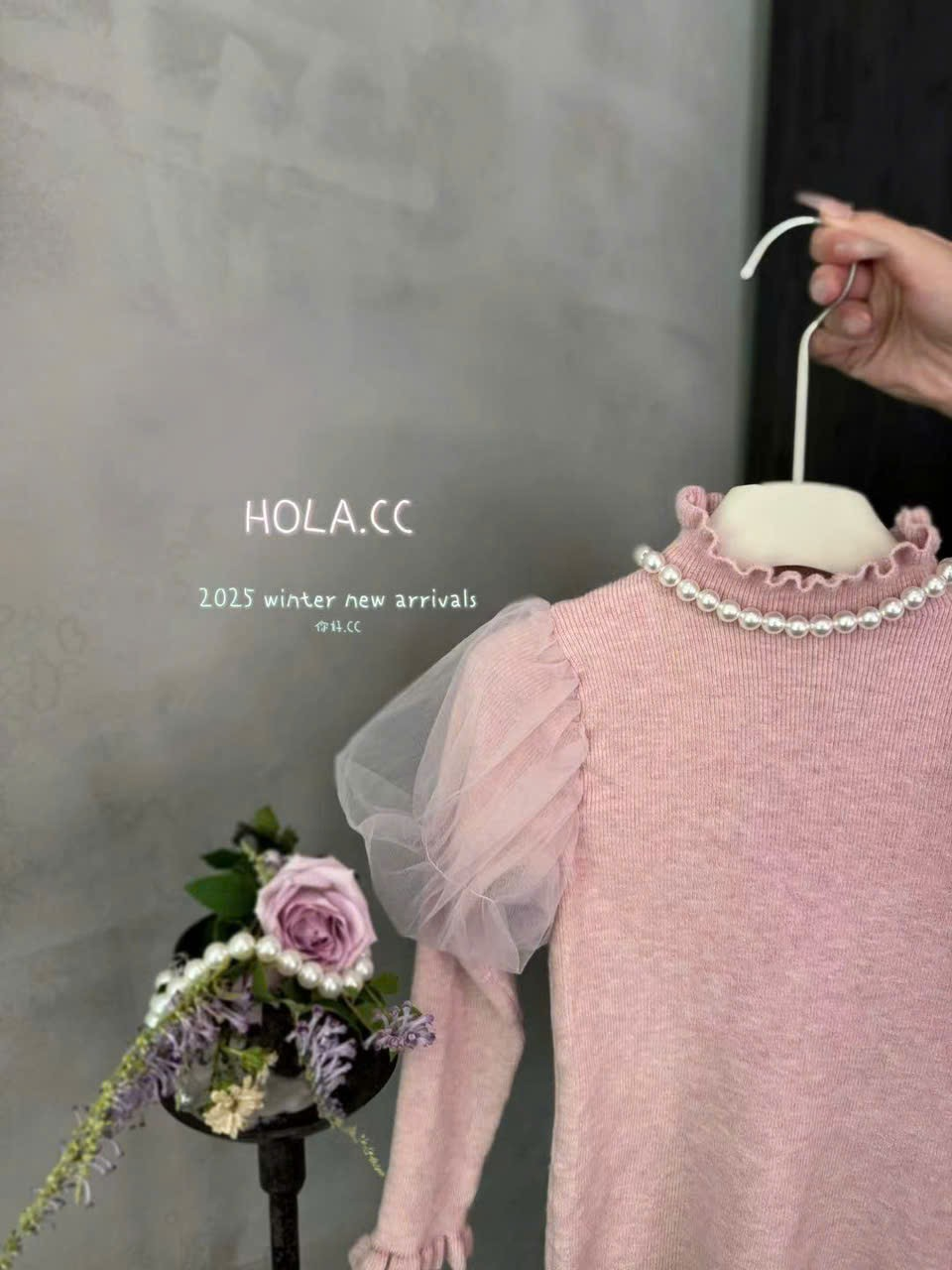 (G250) Áo len mỏng tay bồng ren màu hồng_thumbnail_0