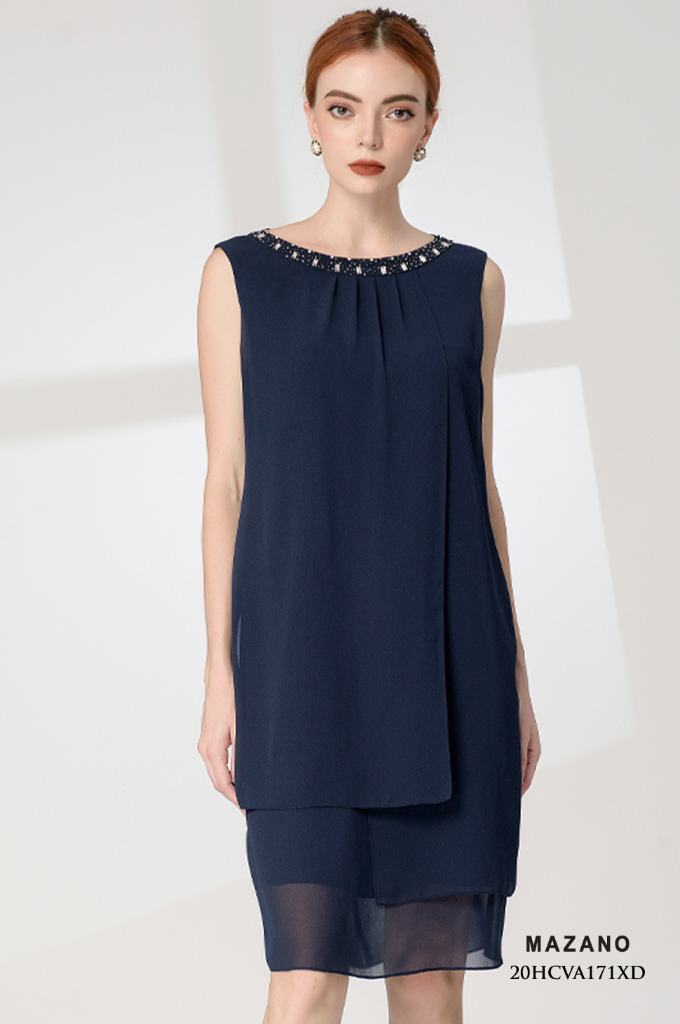 Đầm suông A xanh than tà bong lớp đính đá cổ