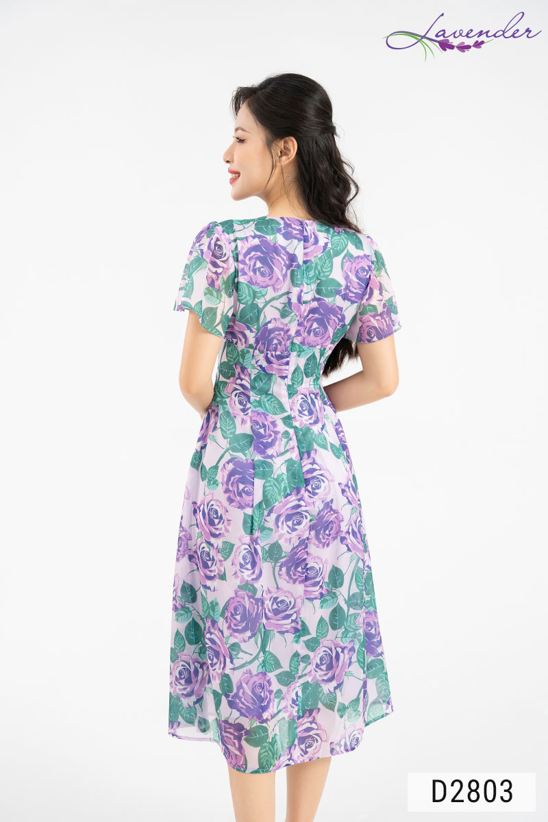 Đầm xòe hoa tím xanh Thời trang Lavender cổ vuông tay ngắn D2803_thumbnail_4