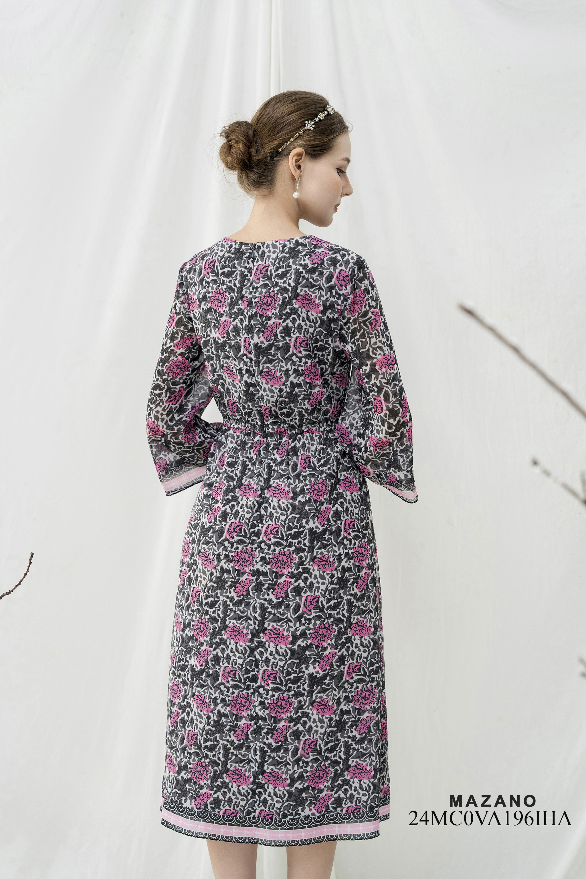 Váy Đầm bùng eo Vải voan lụa Hoạ tiết hoa trang trí gấu váy  Cổ tròn Tay lỡ Dài qua bắp chân_thumbnail_5