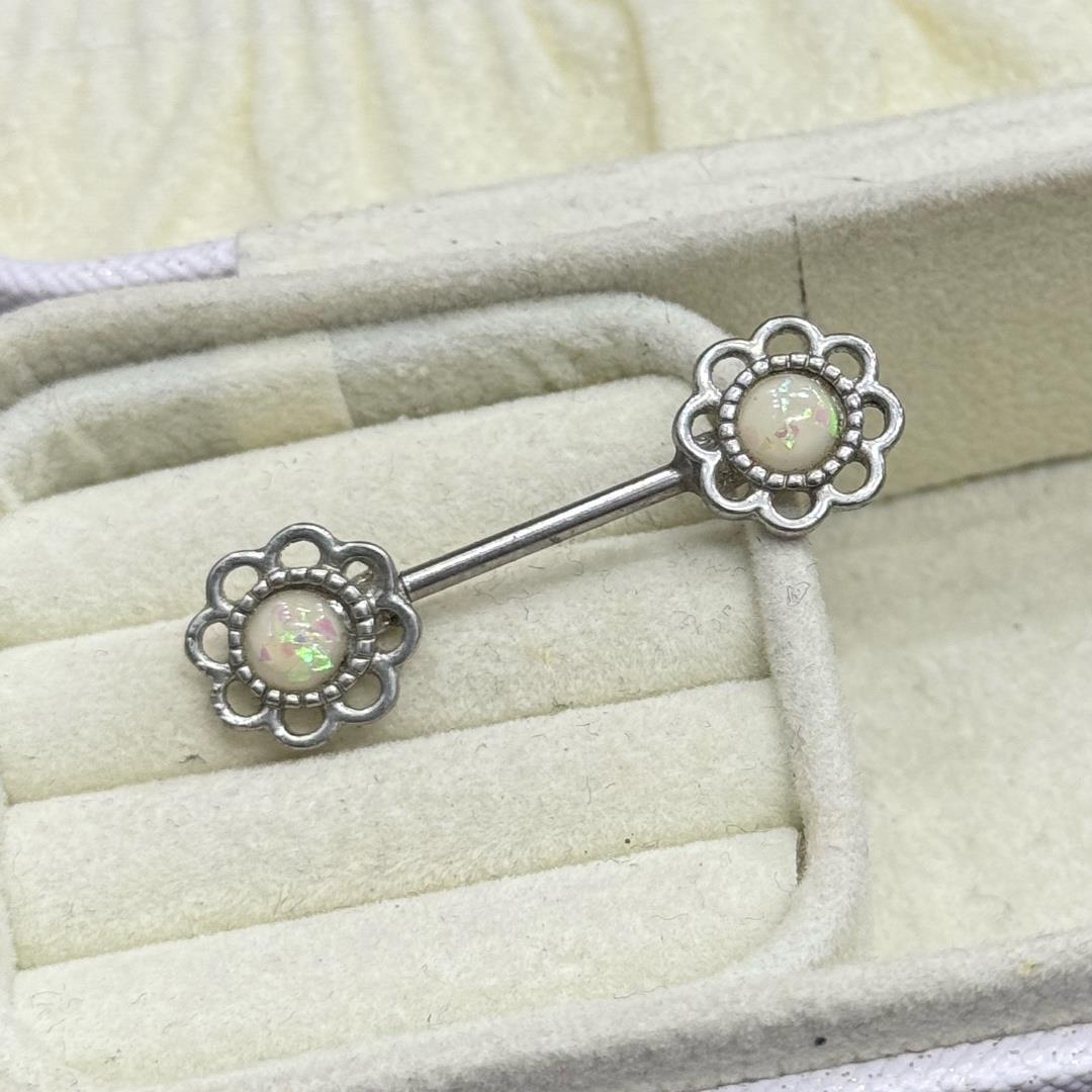 Khuyên Ti bông hoa đá opal 2 đầu