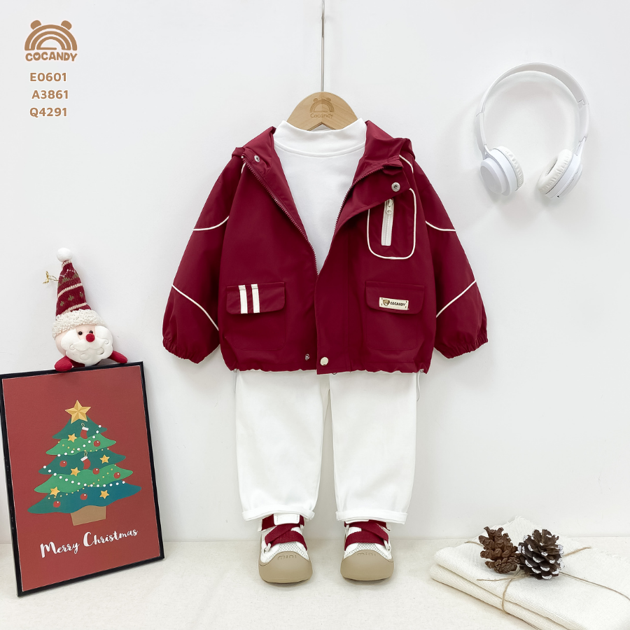 Áo khoác gió ĐỎ phối BE lót lông túi ngực logo COCANDY