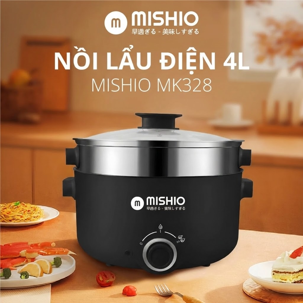 Nồi Lẩu Điện 4L Mishio MK328 có xửng hấp dùng được tối đa 6 người (MÀU ĐEN)