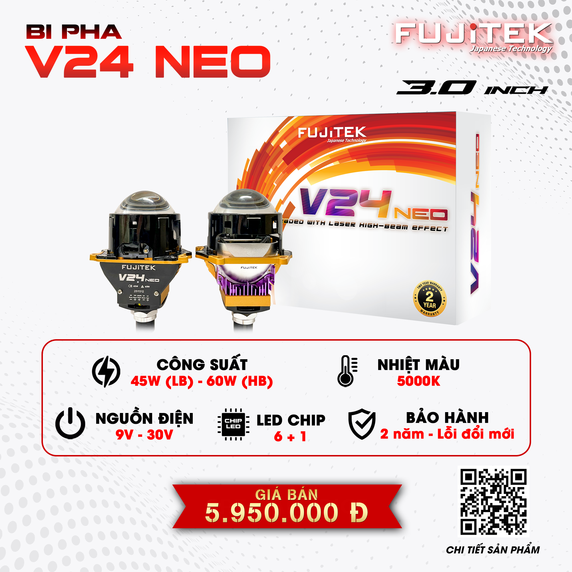 Fujitek V24 NEO Đèn bi Led hiệu suất cao với Chip Led 6+1