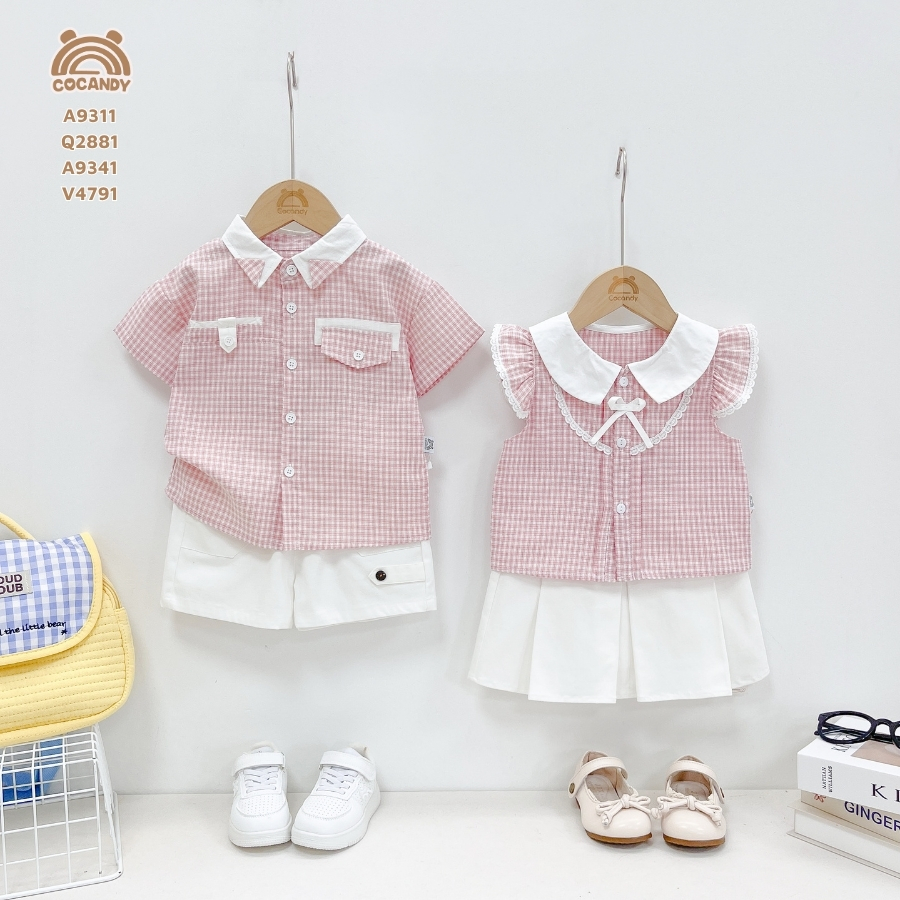 Áo cộc caro HỒNG tay cánh tiên cổ nẹp tròn_thumbnail_6