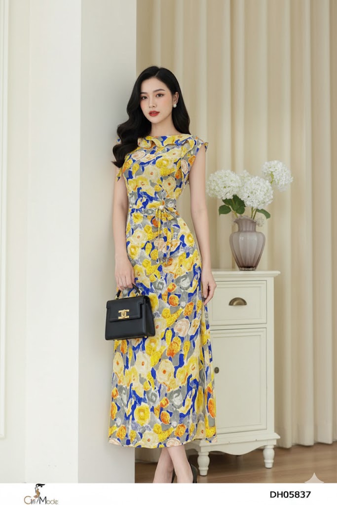 Đầm xòe hoa vang cổ bèo nhún eo thắt đai