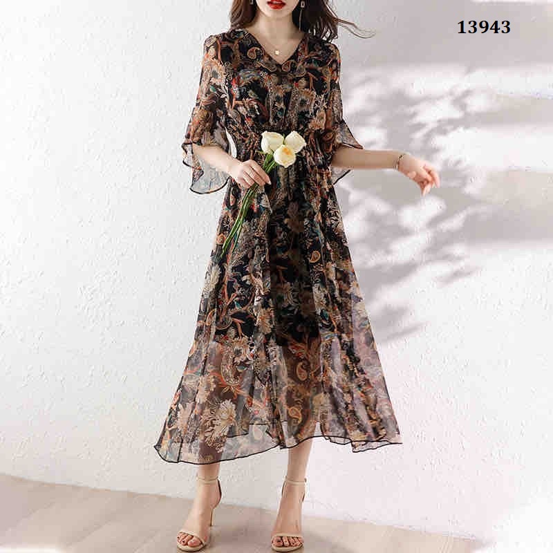13943-Đầm voan xòe  tay lở  thắt nơ chéo in hoa (  voan , lót)FREESHIP_thumbnail_1