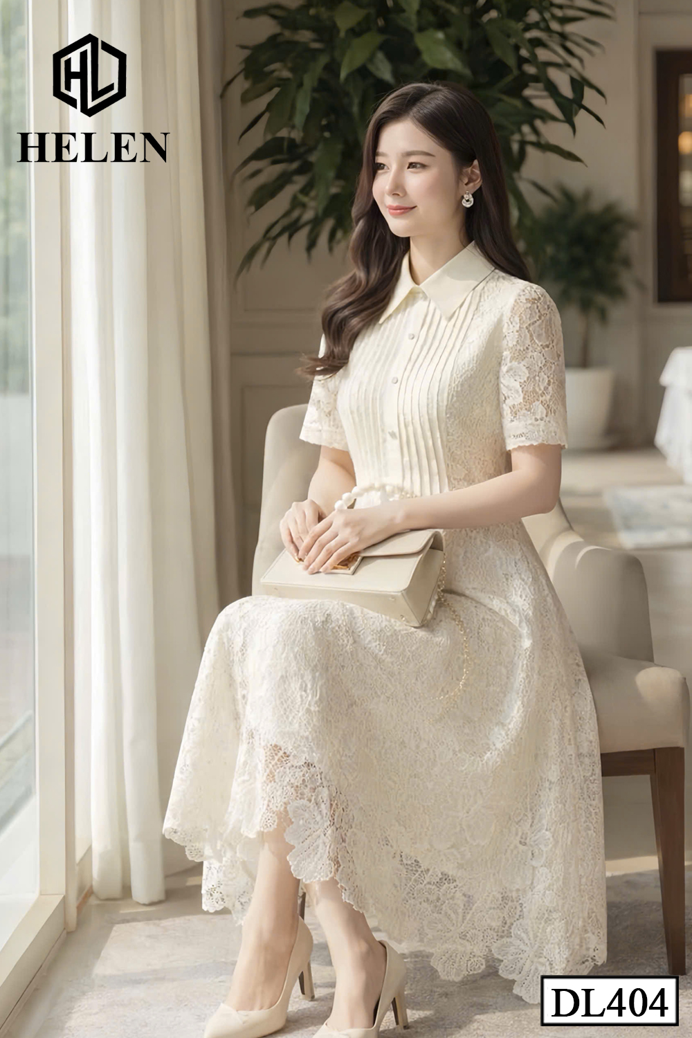 [Pre -order] Đầm xòe Ren Be cổ đức xếp ngực DL404_thumbnail_2