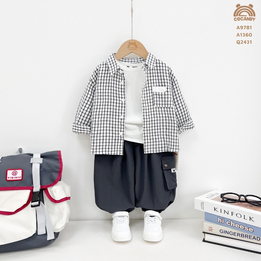 Áo dài caro ĐEN TRẮNG phối túi nẹp be_thumbnail_1