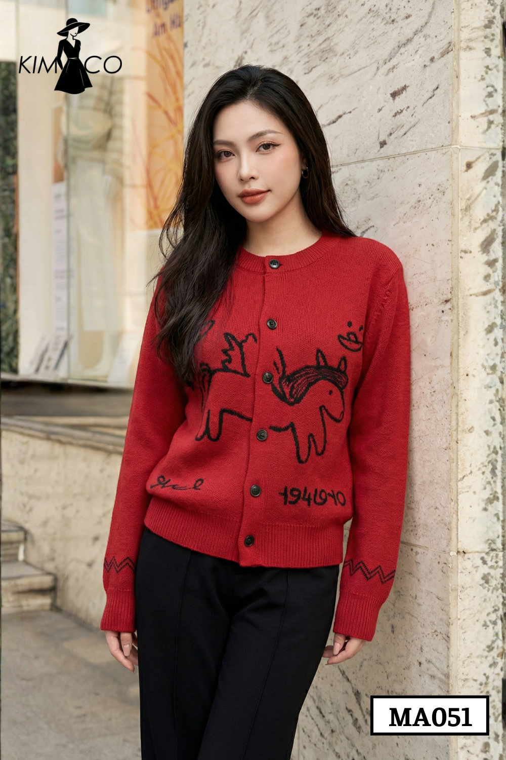 Áo Len Cardigan Đỏ Họa Tiết Kỳ Lân Nghệ Thuật - MA051
