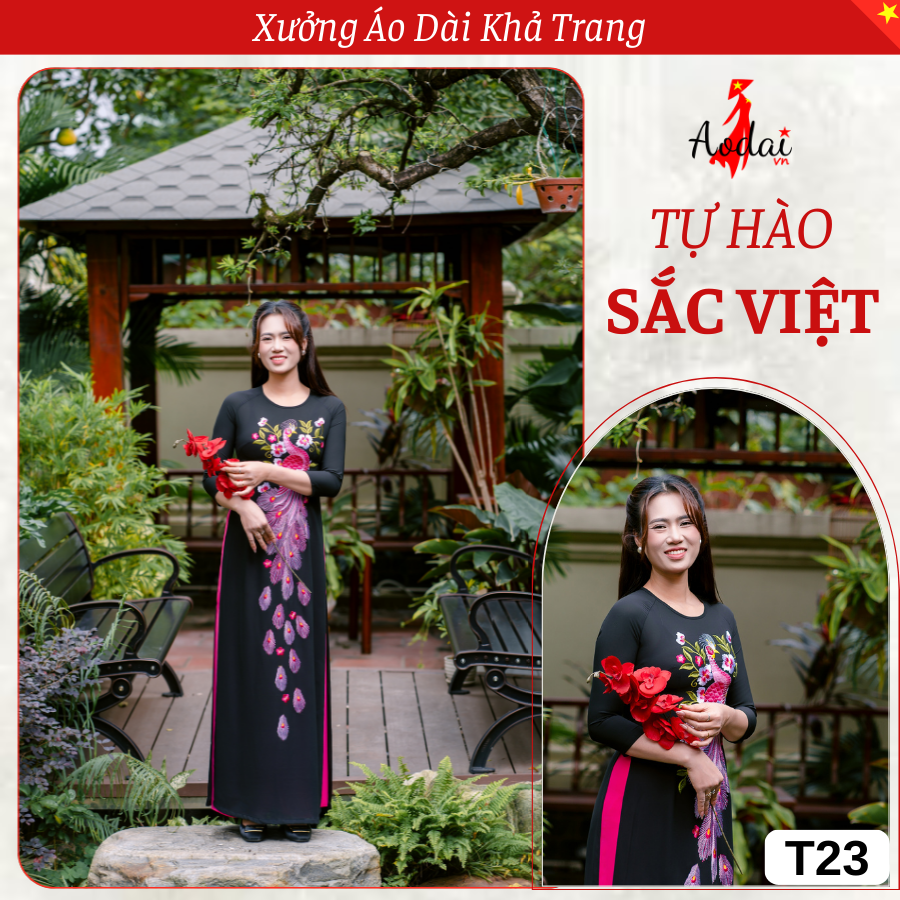 T23 Áo Dài Màu Đen Thêu Công Hồng Sen Cổ Tròn Tay Lỡ_thumbnail_3