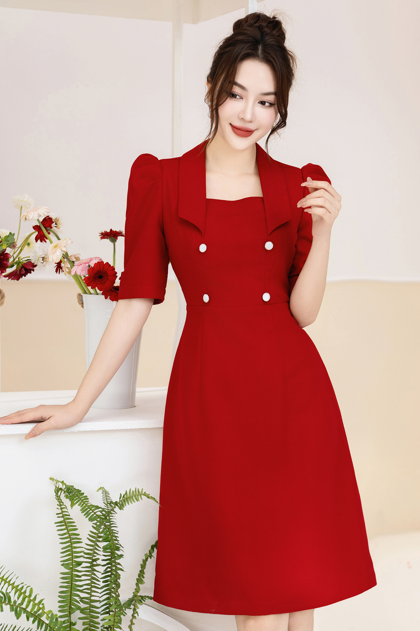 Đầm A đỏ cổ vuông đính cúc ngực_thumbnail_0