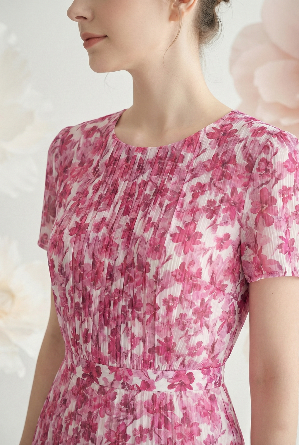 Đầm voan dày in hoa dáng ôm chân dập ly cổ tròn tay ngắn thiết kế MAZANO_thumbnail_3