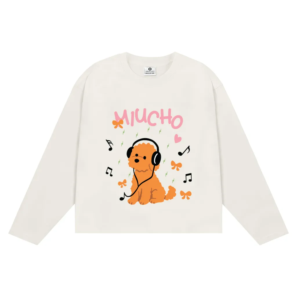 Áo thun tay dài form boxy Miucho chất vải dày dặn thoáng mát cún music in mix 2833_thumbnail_11