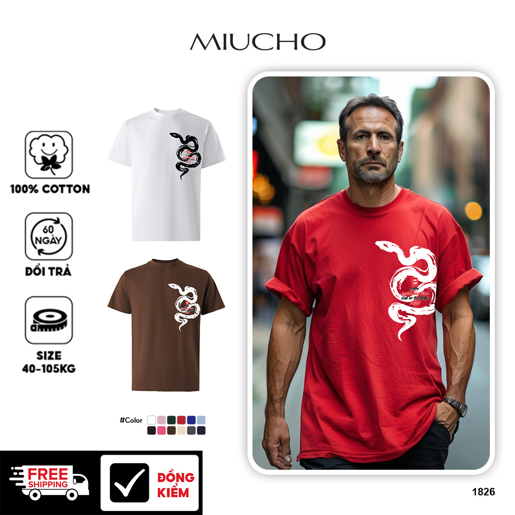 Áo phông tết form rộng cổ tròn vải cotton 4c co giãn thoáng mát 1826 Miucho Iconic in artwork