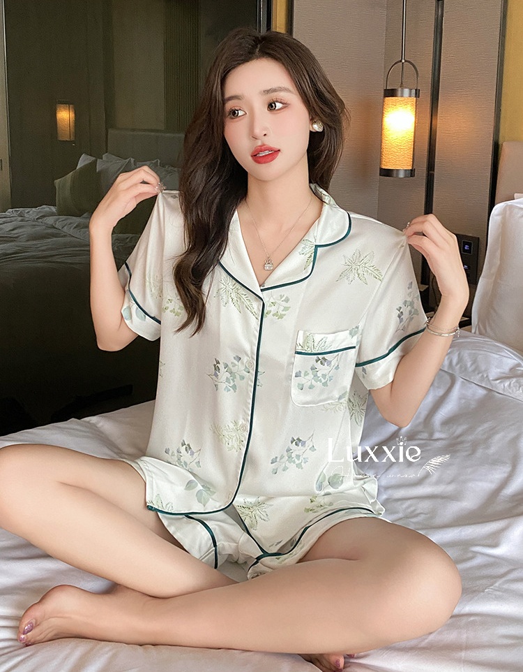 N110C Pijama lụa hoa lá thiên nhiên viền xanh cộc đùi_thumbnail_2