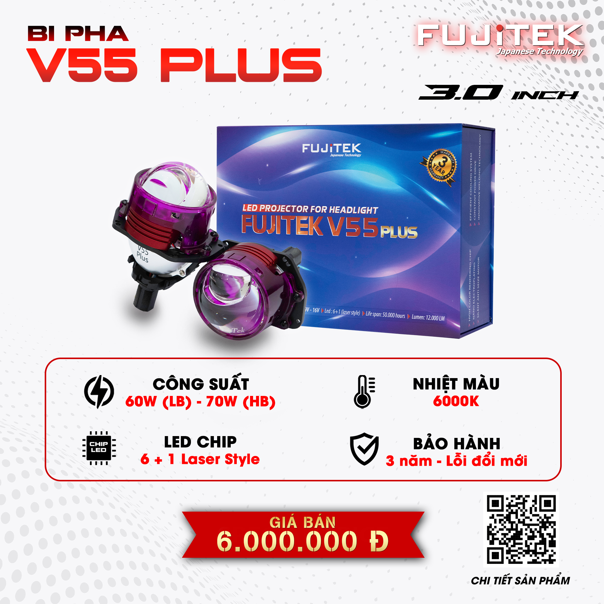 Fujitek V55 Plus Đèn bi led có trợ pha kiểu Laser độc đáo