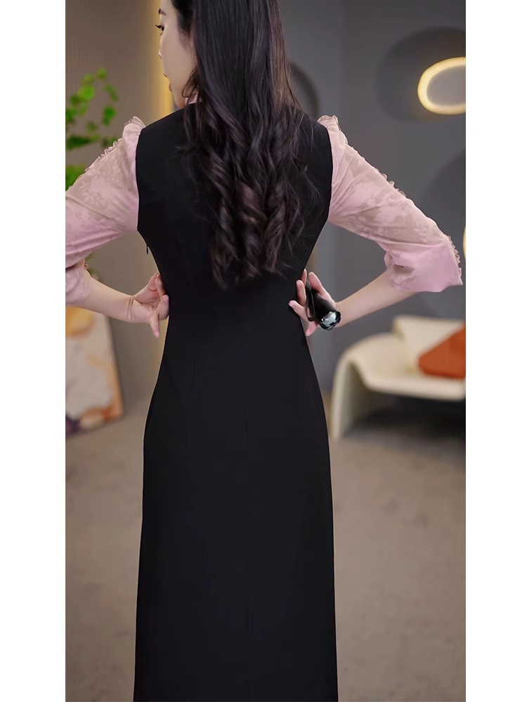 16473-Đầm suông xẻ tà phối tay voan hồng cổ kết nút tàu ( thun  poly 2 da, voan)_thumbnail_3