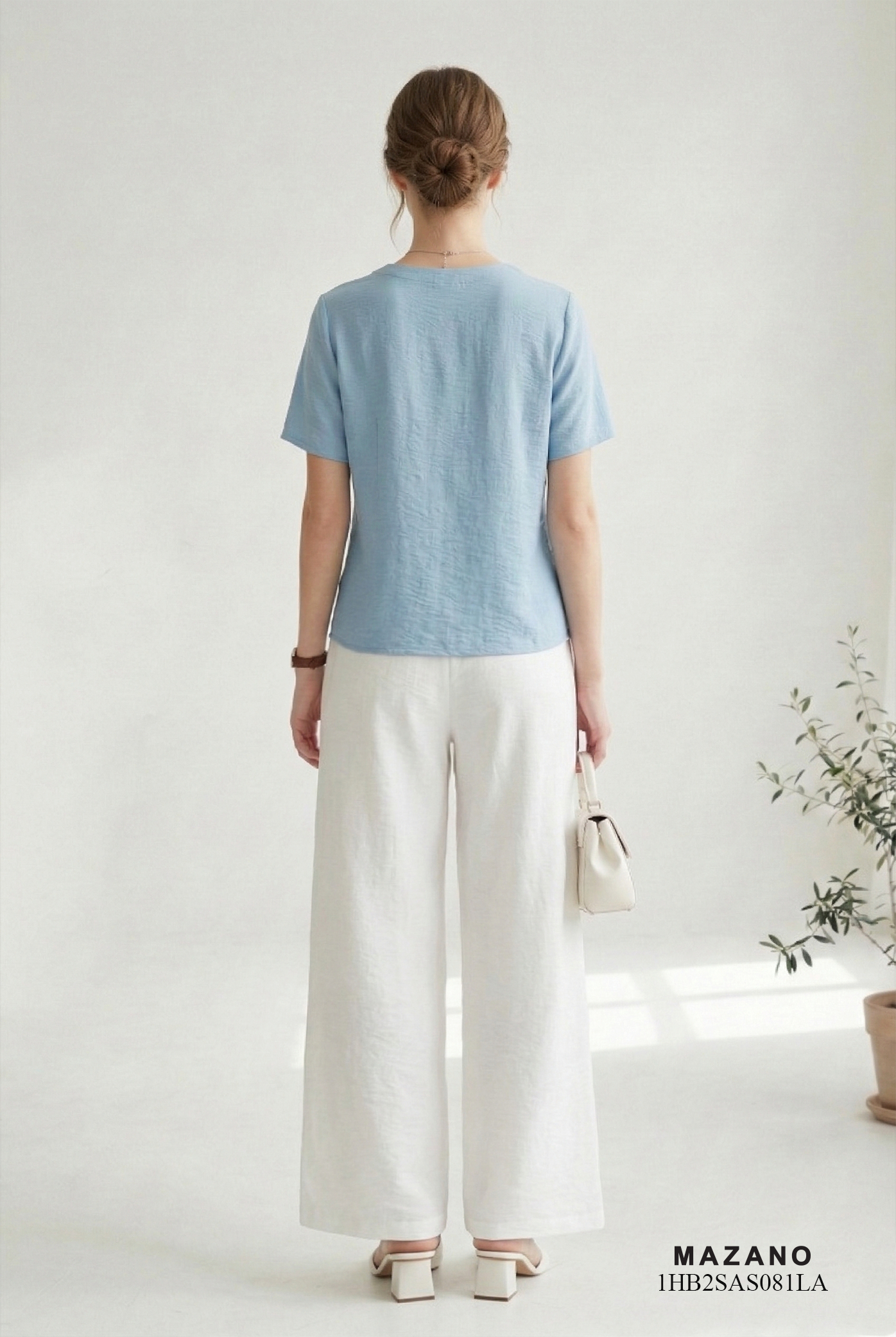 Áo sơ mi vải pha linen xanh ghi sáng dáng suông cổ tàu cách điệu thiết kế MAZANO_thumbnail_4