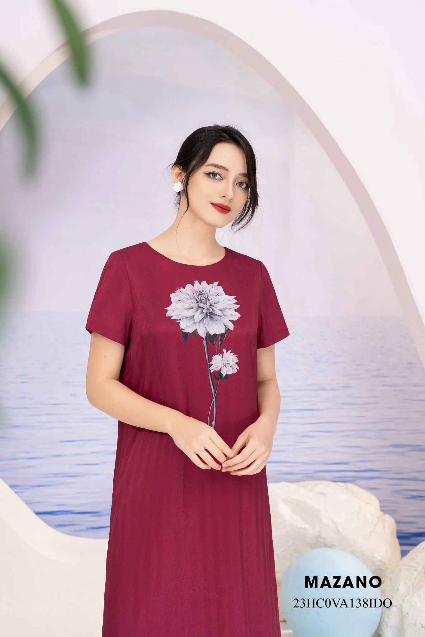 Váy Đầm suông A Vải lụa mỏng Hoạ tiết hoa bố cục Cổ tròn Tay ngắn Dài ngang bắp chân_thumbnail_3