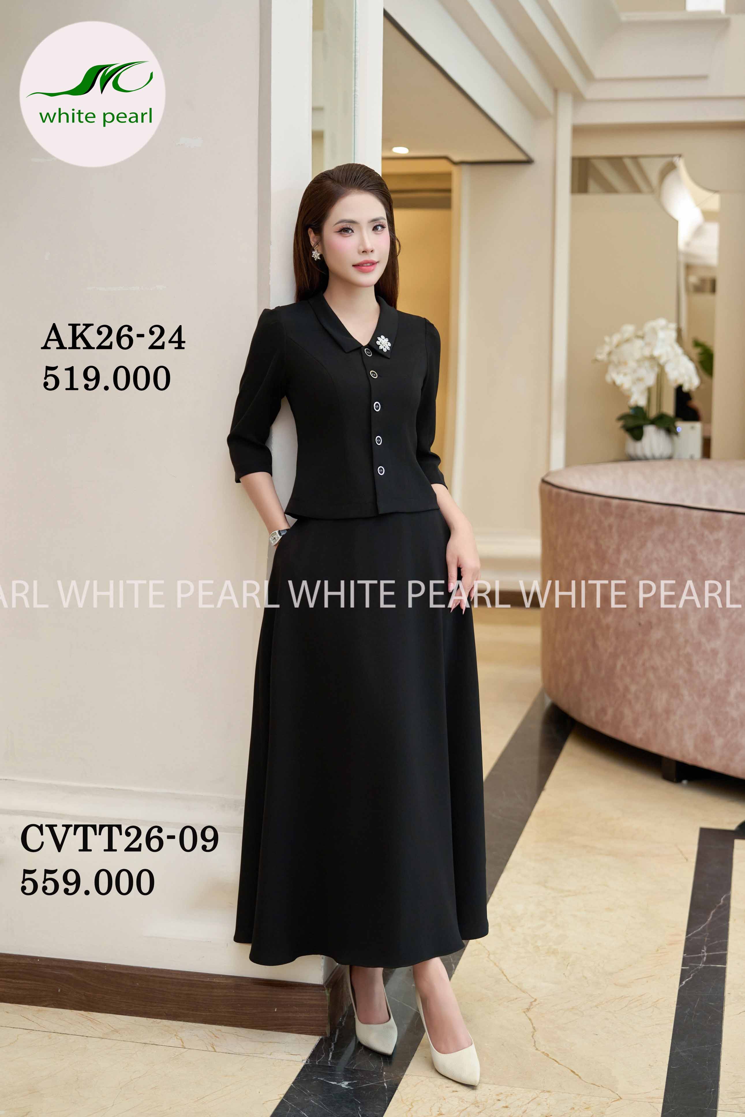 SET AK26-24 | Áo ký giả cổ sen vuông kết hợp Chân váy xoè CVTT26-09 Thời trang công sở cao cấp White Pearl