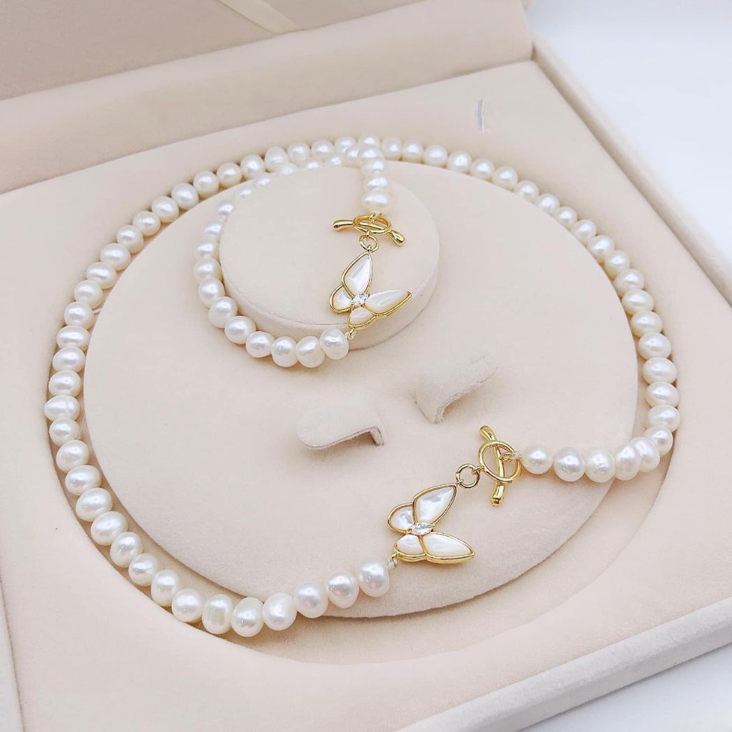 C72 - Combo ngọc trai nước ngọt hồ điệp bạc xi vàng cao cấp