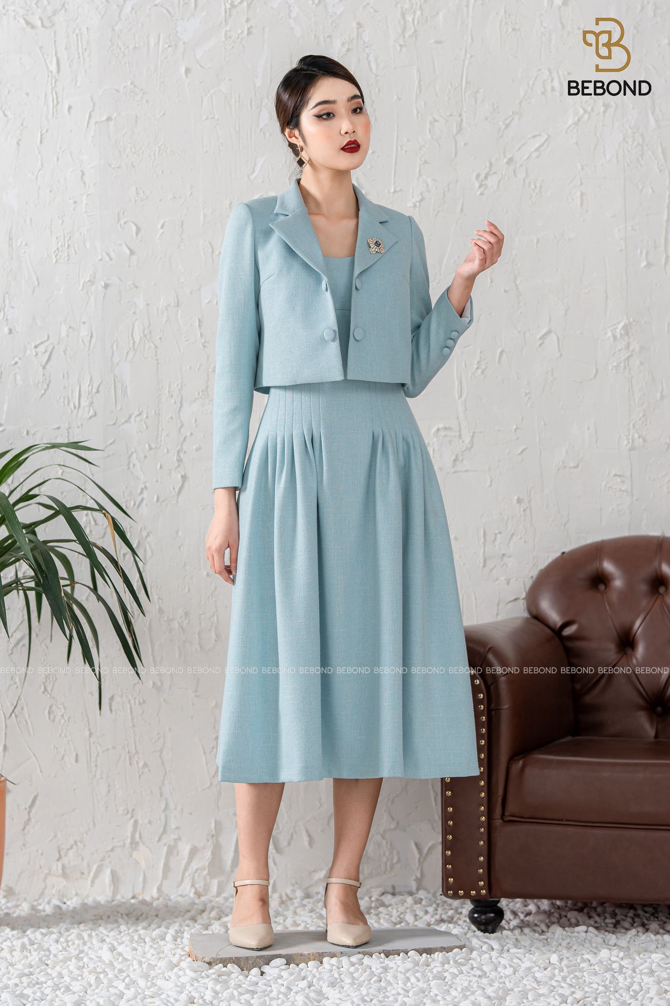 Set Vest dạ tweed Laura xanh thiên thanh