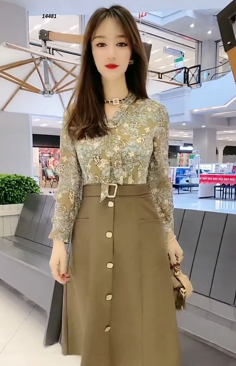 14481-Đầm xòe tay dài  phối voan hoa xanh rêu ( lụa 3D, lụa chéo)_thumbnail_2