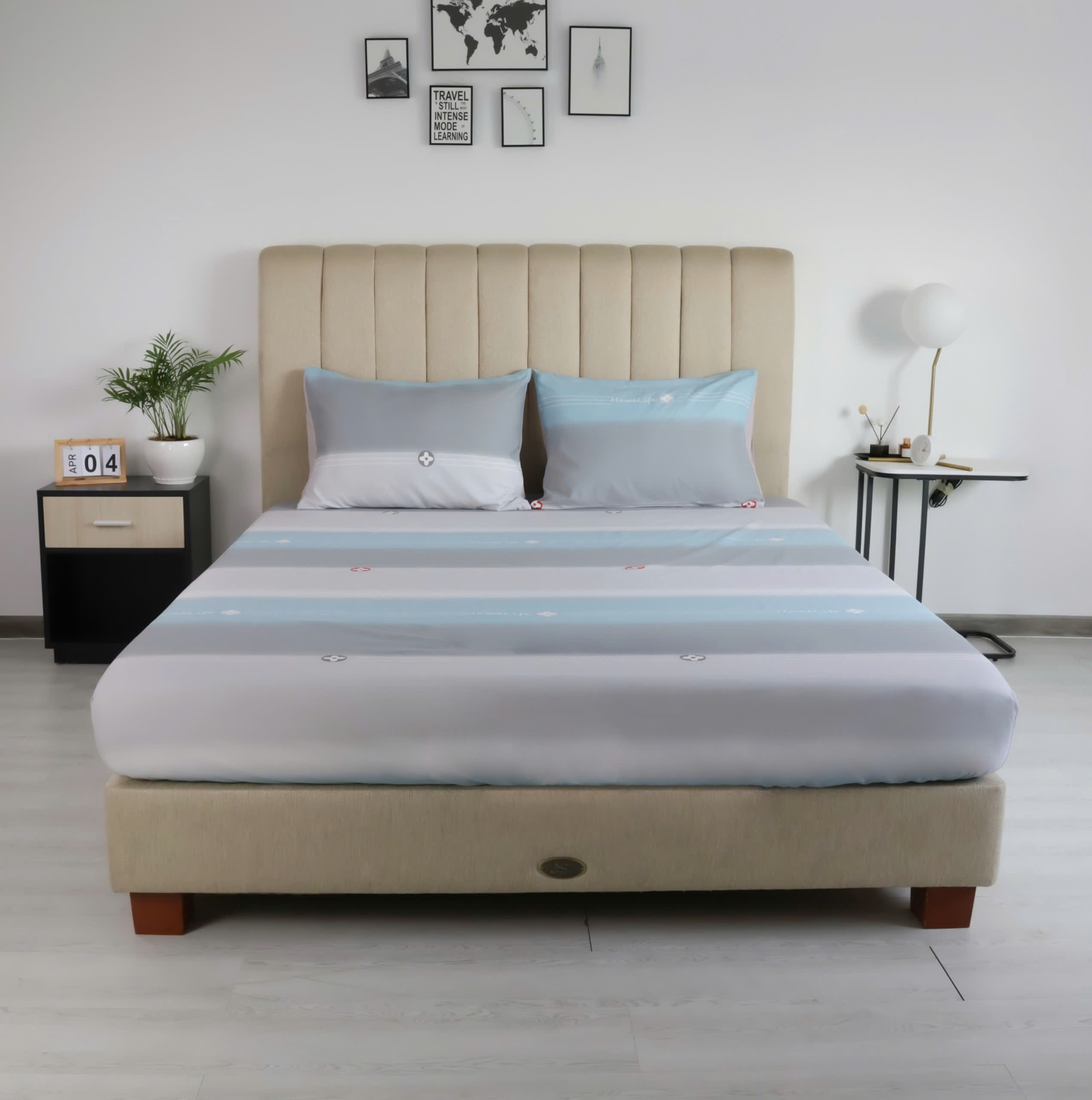 Bộ 4 món drap, áo gối Junstore - Mẫu sọc