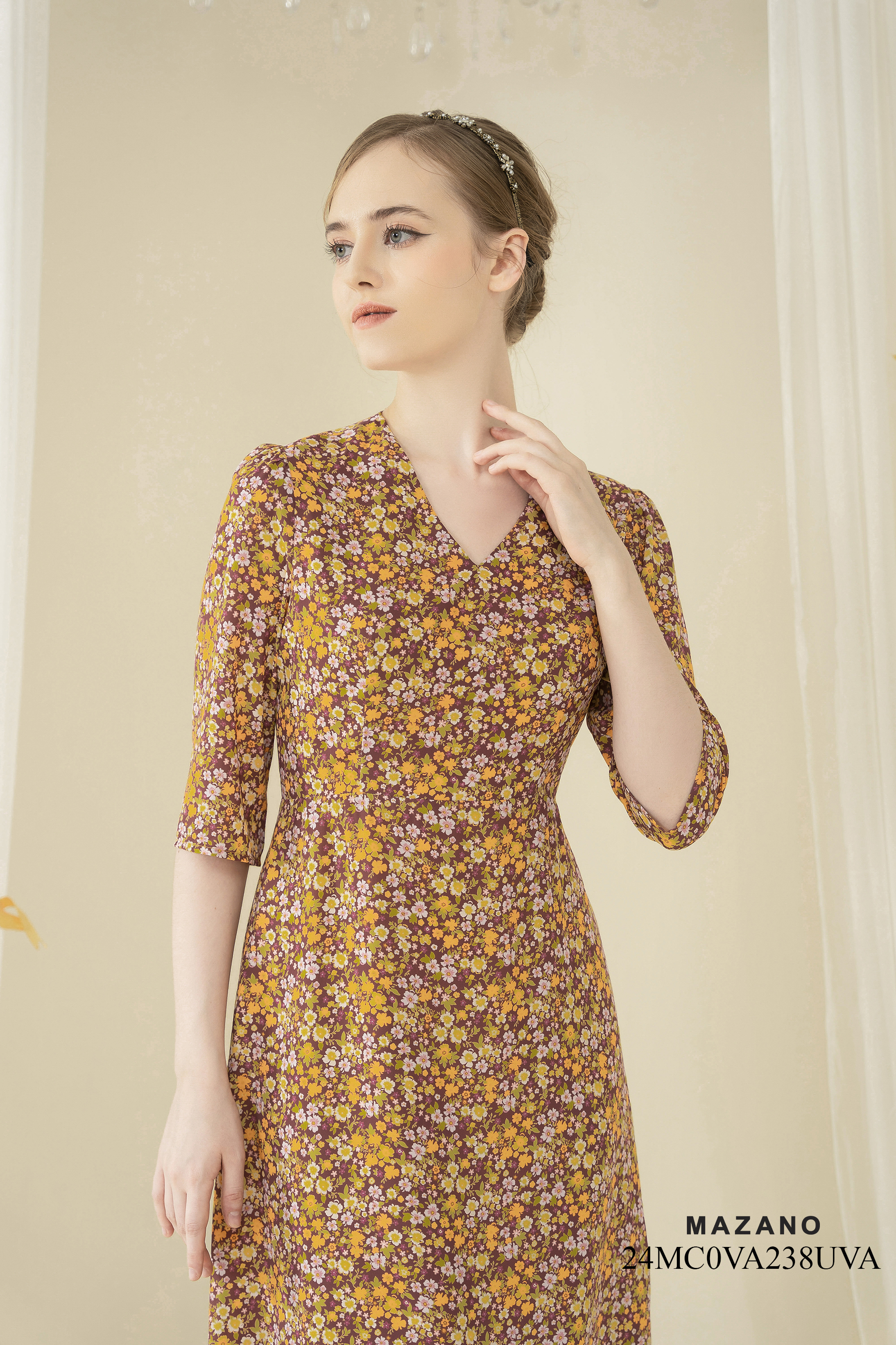 Váy Đầm Ôm Vải chiffon dày Hoạ tiết hoa nhí Cổ V Đính hoa thủ công Tay lỡ Dài đến bắp chân_thumbnail_3