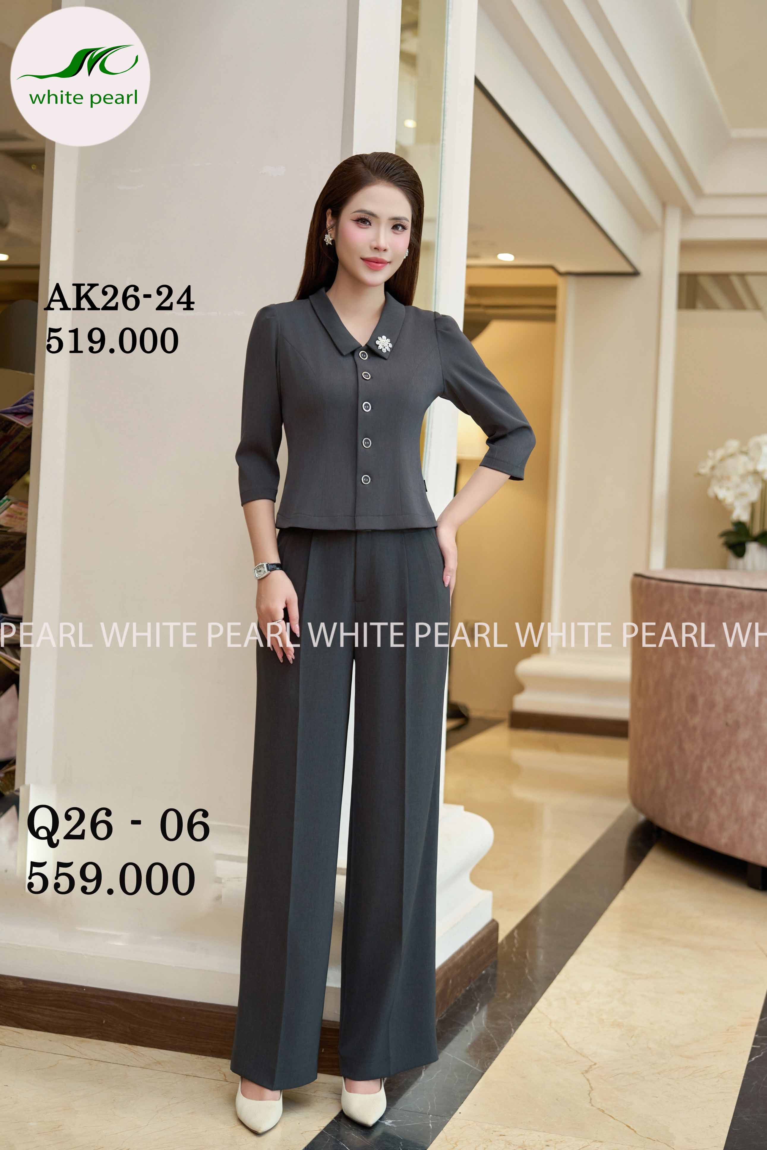 SETÁo ký giả cổ sen vuông AK26-24 + Quần suông 2 ly Q26-06 Thời trang công sở cao cấp White Pearl