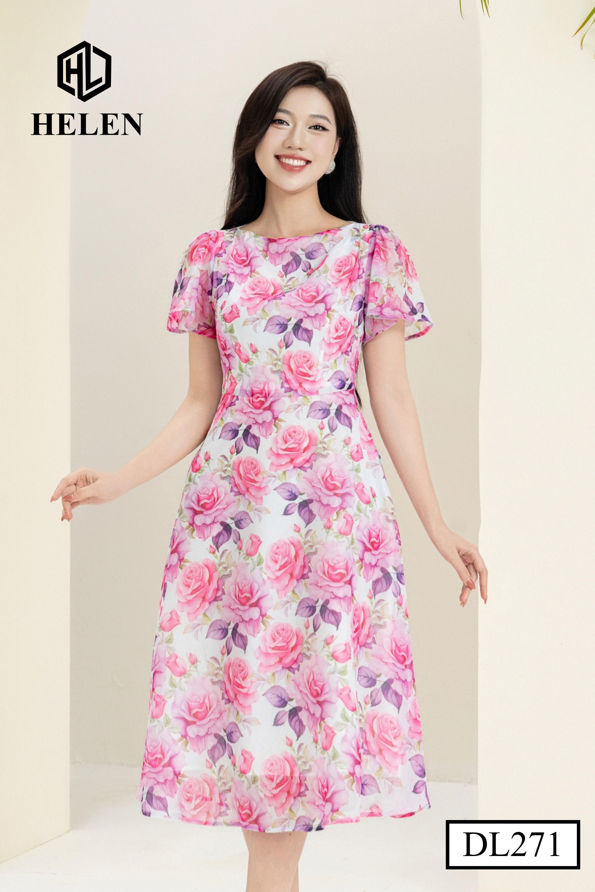 Đầm xòe hoa hồng cổ thuyển nhún vai DL271