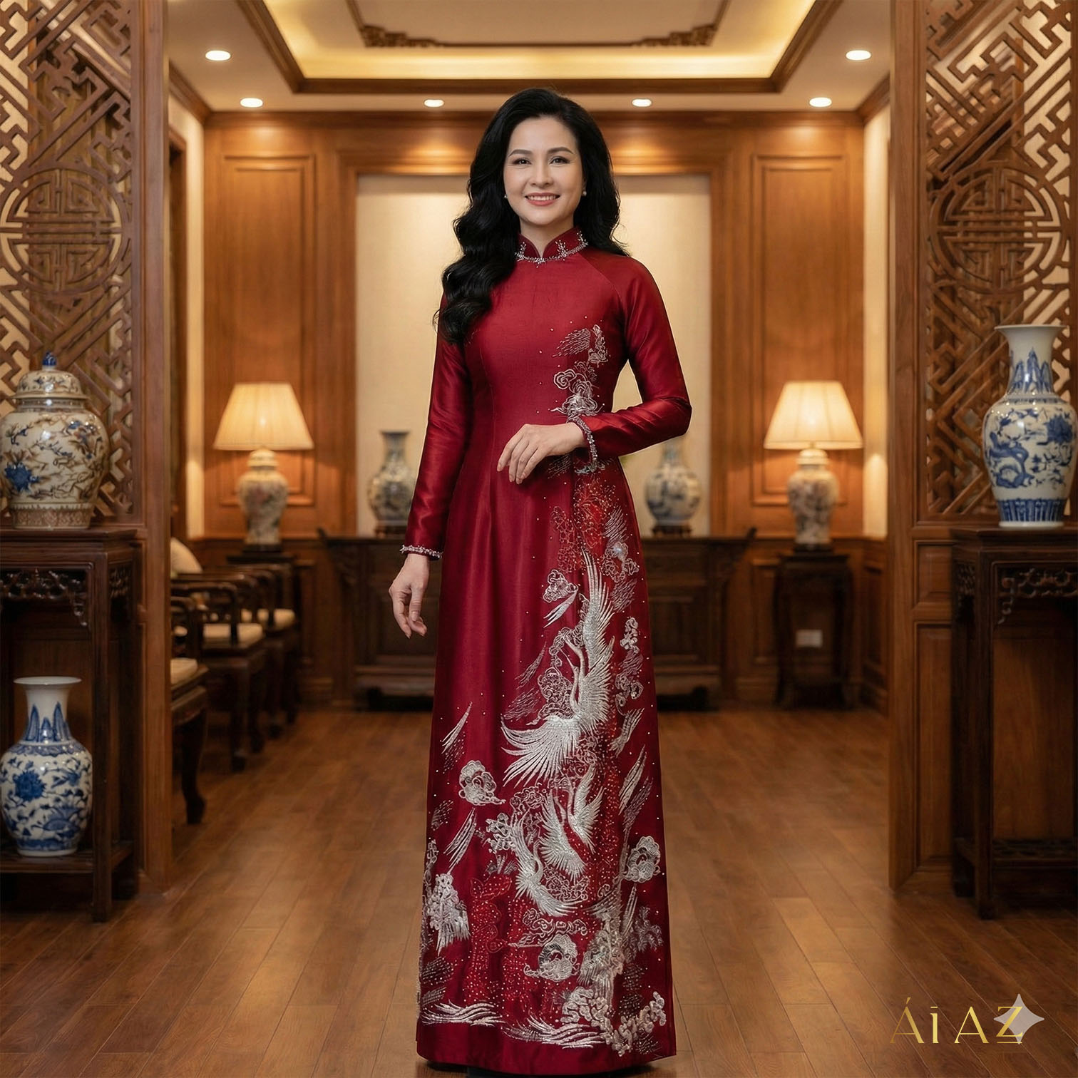Áo Dài Mẹ Cô Dâu Chú Rể Thêu Kết Phượng Vũ - Đỏ Đô - Chất Ruby Sang Trọng Quyền Quý AM25-04_thumbnail_2